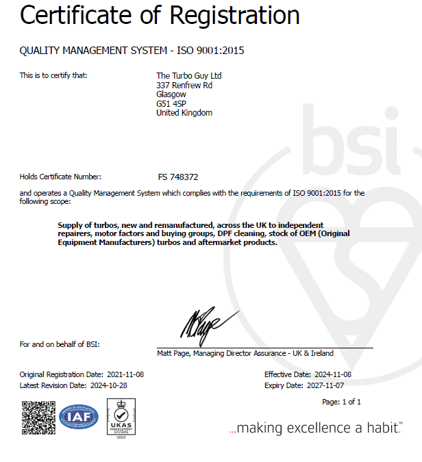 An amazing achievement as The Turbo Guy get BS EN ISO 9001:2015 Accreditation