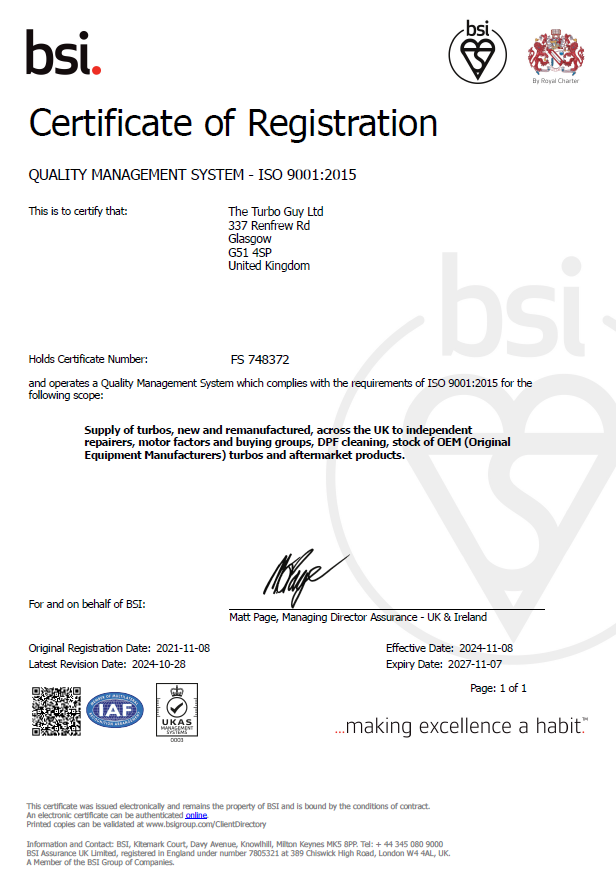 An amazing achievement as The Turbo Guy get BS EN ISO 9001:2015 Accreditation